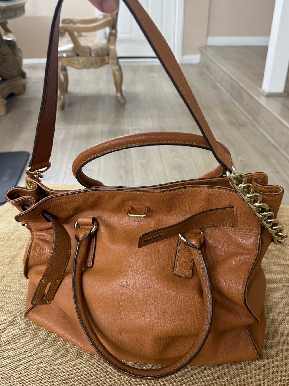 Michael Kors Hamilton Leather Satchel Luggage Brown Gold Chain Shoulder Bag